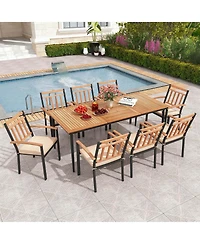 9 Pcs Patio Dining Set 79" Rectangle Dining Tables with 8 Wooden Armchairs