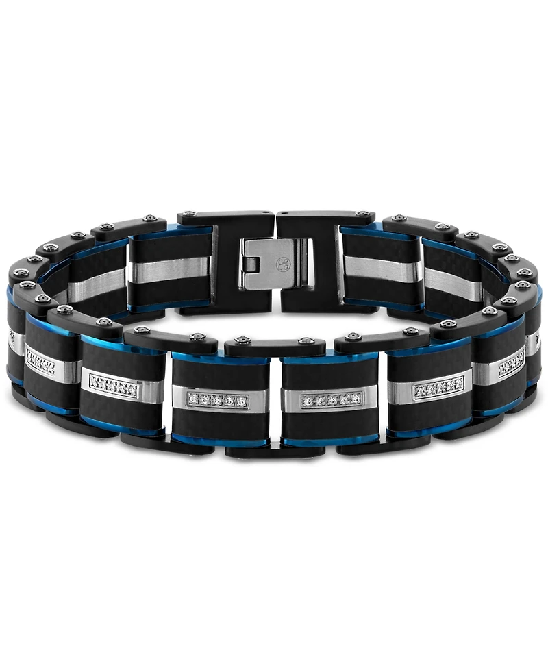 Esquire Men's Jewelry Diamond & Carbon Fiber Link Bracelet (1/3 ct. t.w.) in Blue & Black Ion-Plated Stainless Steel, Created for Macy's