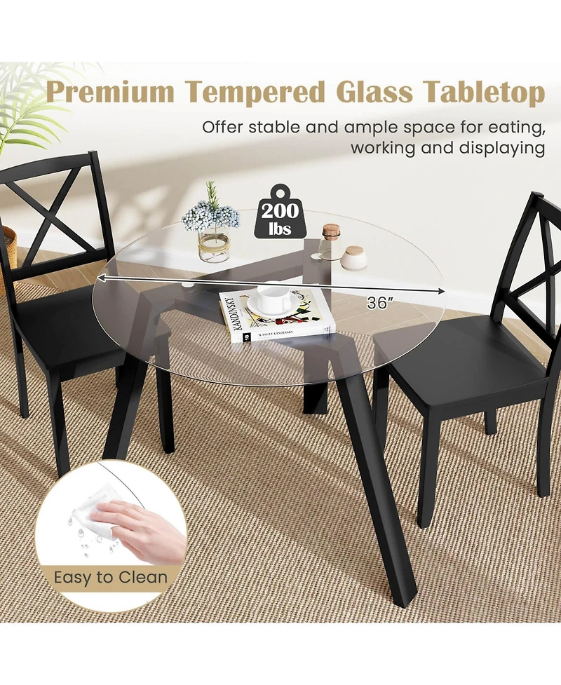 36" Round Glass Dining Table for 4 with Tempered Tabletop Rubber Wood Frame
