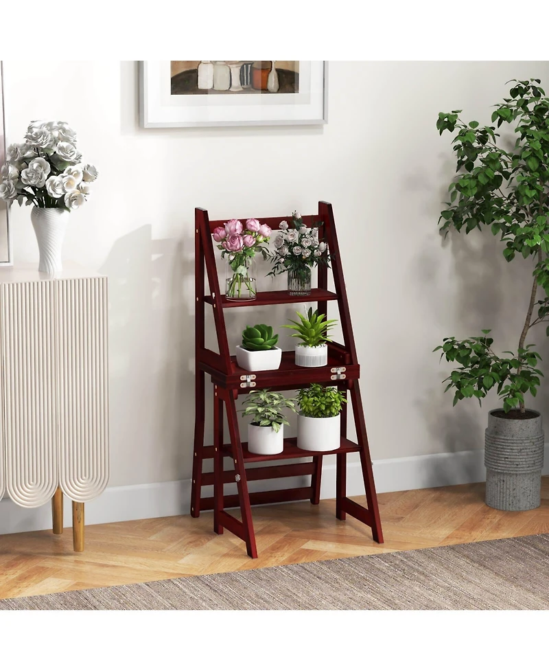 Costway Toddler 3-Step Folding Step Ladder Chair with Bamboo Frame Convertible Stool Reddish
