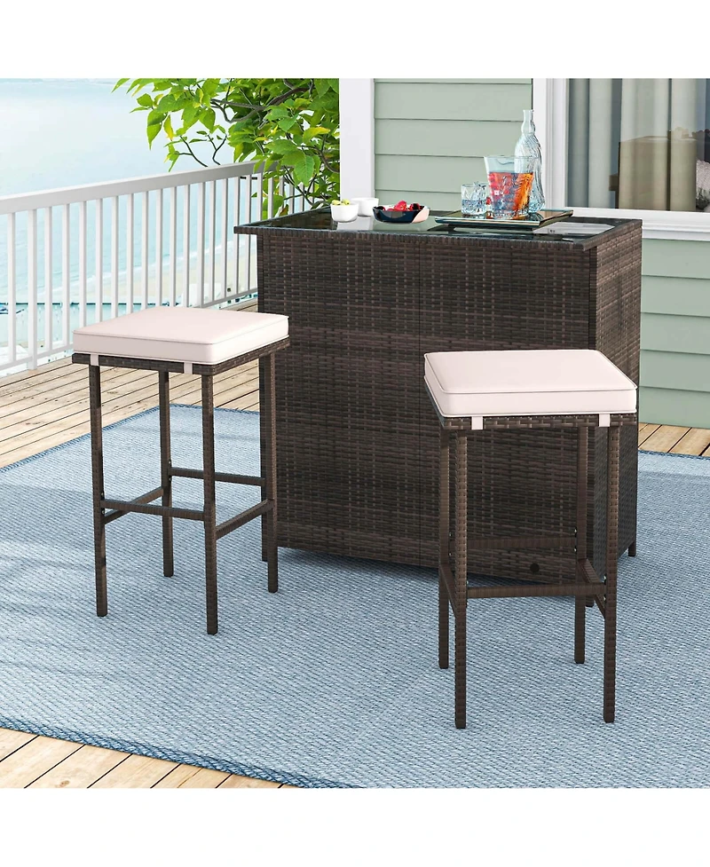 3 Pcs Patio Bar Set with Tempered Glass Tabletop 2-Tier Storage Removable Cushions