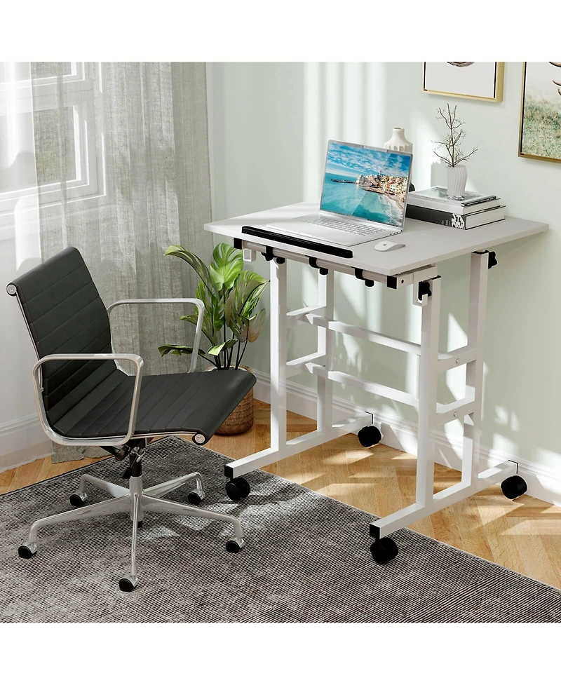 Height Adjustable Mobile Standing Desk with Tiltable Desktop & 2 Hanging Hooks