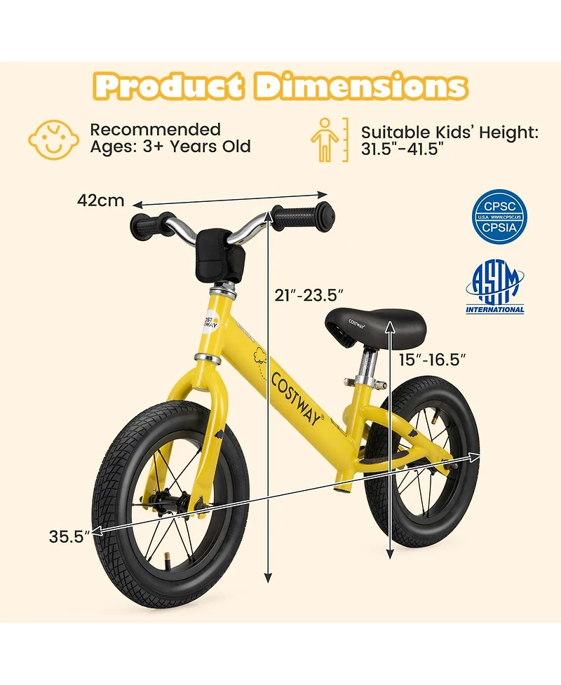 12 Inch Toddler Balance Bike No Pedal Training Bicycle with Inflatable Rubber Tires