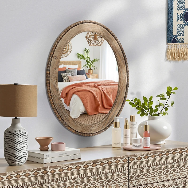 LuxenHome 32-Inch Cameo Wood Framed Accent Wall Mirror Large Oval Wall Mounted Mirror Farmhouse Wall Decor