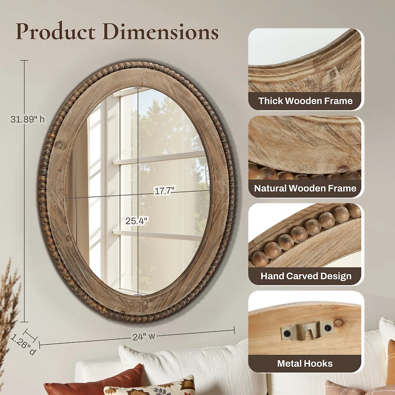 LuxenHome 32-Inch Cameo Wood Framed Accent Wall Mirror Large Oval Wall Mounted Mirror Farmhouse Wall Decor