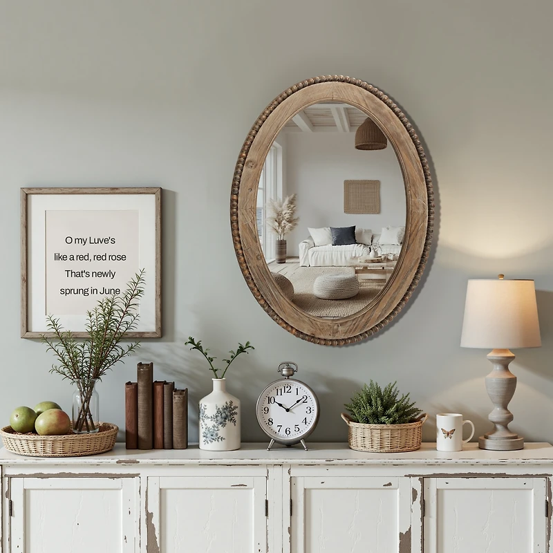 LuxenHome 32-Inch Cameo Wood Framed Accent Wall Mirror Large Oval Wall Mounted Mirror Farmhouse Wall Decor