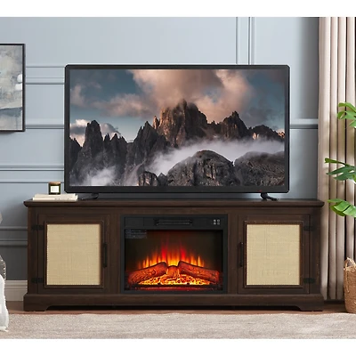 Streamdale Furniture Natural Rattan Door Cabinet with Adjustable Shelf Wood, Farmhouse Rattan Tv Stand Console Table for TVs up to 70 Inches, Storage