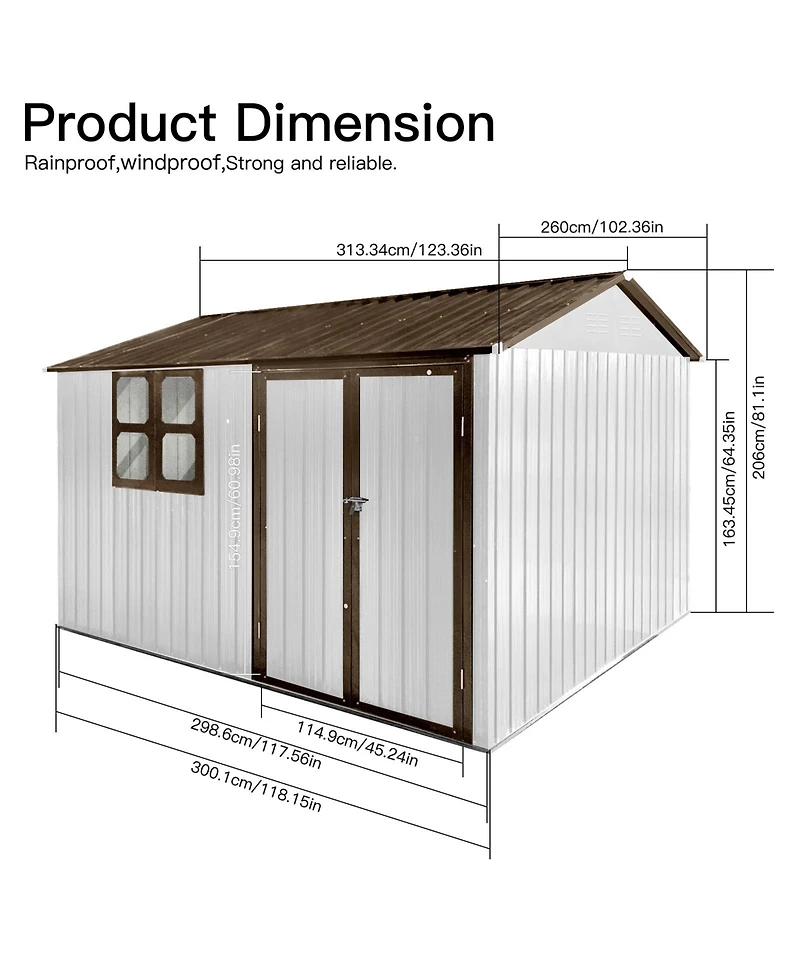 Streamdale 10'x8' Metal Garden Shed with Window, White+Coffee