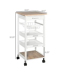 Mobile Kitchen Cart, Rolling Kitchen Island with Storage, Solid Wood Frame Utility Cart with Wire Fruit Baskets, Trays and Drawer, White