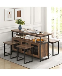4 Pcs Kitchen Island Set with Bench and Storage Heavy-duty Metal Frame Shelves