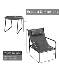 Costway 3 Pcs Outdoor Bistro Set Breathable Seat Fabric & Cozy Headrest Metal for Yard