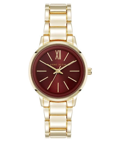 Anne Klein Women's Quartz Minimalist Burgundy and Gold-Tone Alloy Metal Watch, 32mm