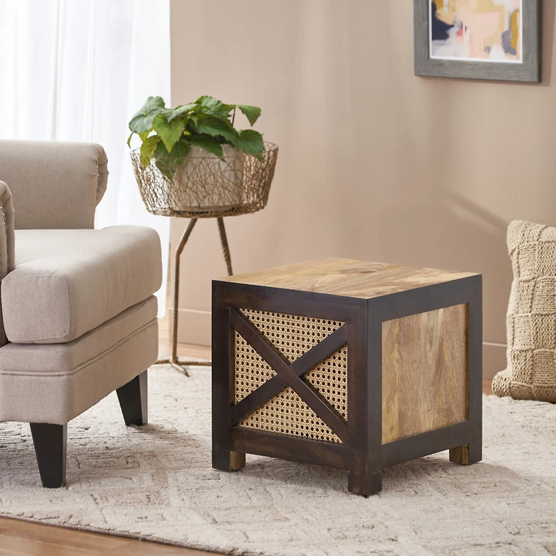 Streamdale Westby Mango Wood And Cane Square Cube Ottoman