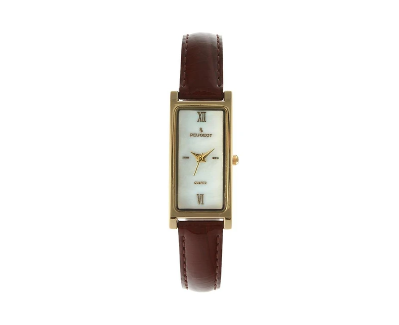 Peugeot Women's Rectangular Gold-Tone Case Watch Glossy Brown Leather Strap