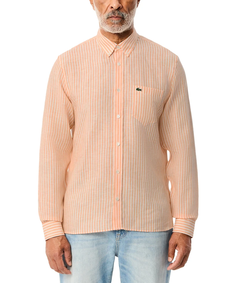 Lacoste Men's Long Sleeve Striped Button-Down Linen Shirt