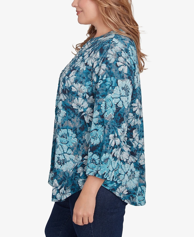 Ruby Rd. Plus Size Embellished Wintery Floral Hatchi Top