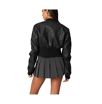 Edikted Womens Cropped Faux Leather Bomber Jacket