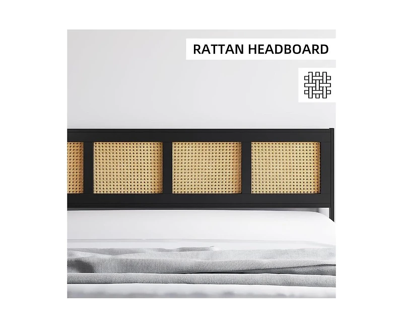 gaomon Queen Size Bed Frame with Rattan Headboard and Footboard, Rattan Platform Bed Frame, Mattress Foundation, No Box Spring Needed, Black