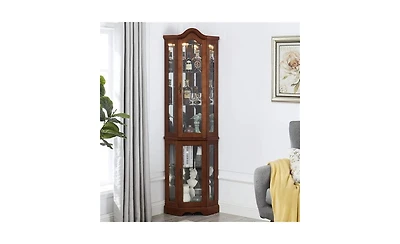 Glass Corner Curio Cabinet – Space-Saving Display Cabinet with Tempered Glass Shelves & Door