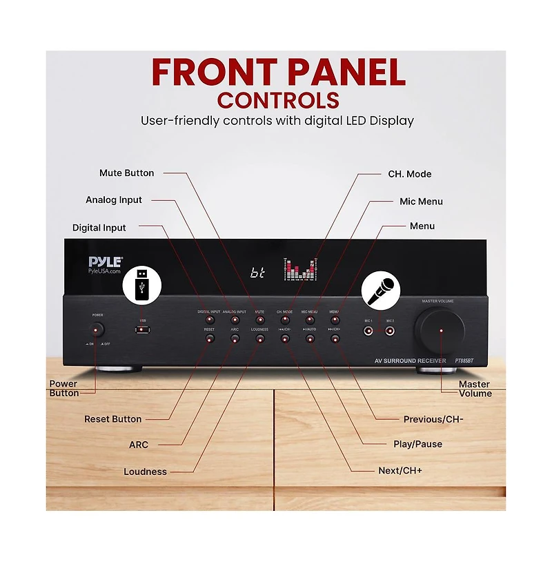 Pyle 7.2 Channel Av Home Theater Receiver With Bluetooth, 4K Ultra Hd Support, Fm Radio, 400 Watt