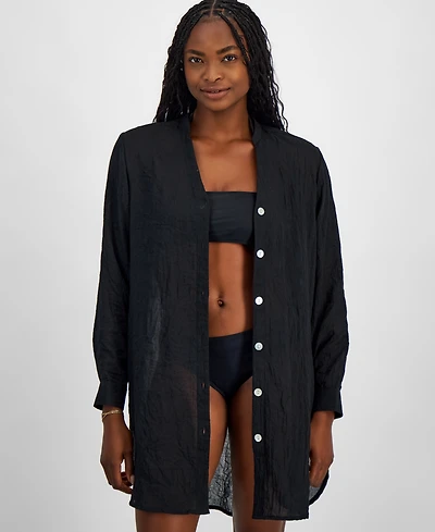J Valdi Women's Big Shirt Button-Front Long-Sleeve Swim Cover-Up