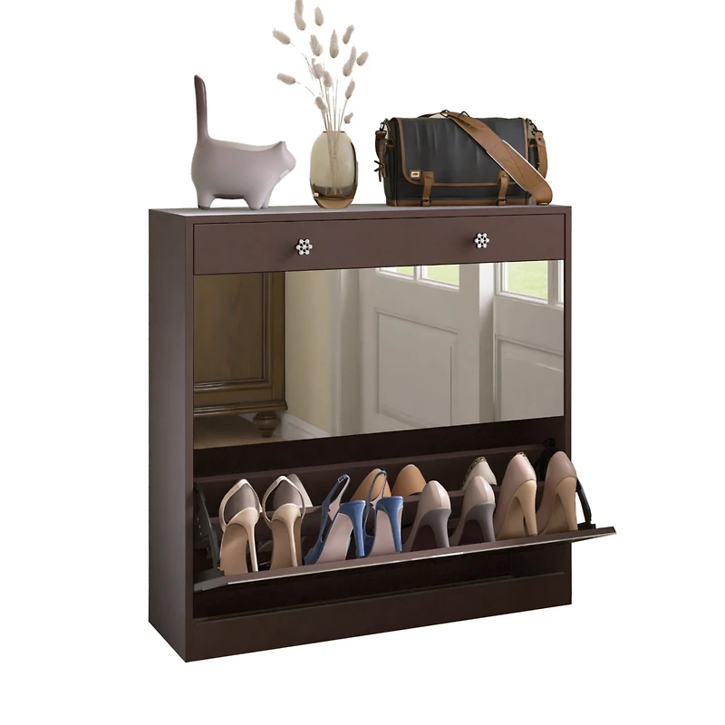 Streamdale Furniture Mirror Shoe Cabinet with 2 Tier Drawers
