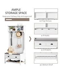 3-in-1 Hall Tree, Entryway Bench with Coat Rack, Mudroom Bench with Shoe Rack, 2 Storage Drawers, 4 Hooks and Padded Seat Cushions for Hallway, White