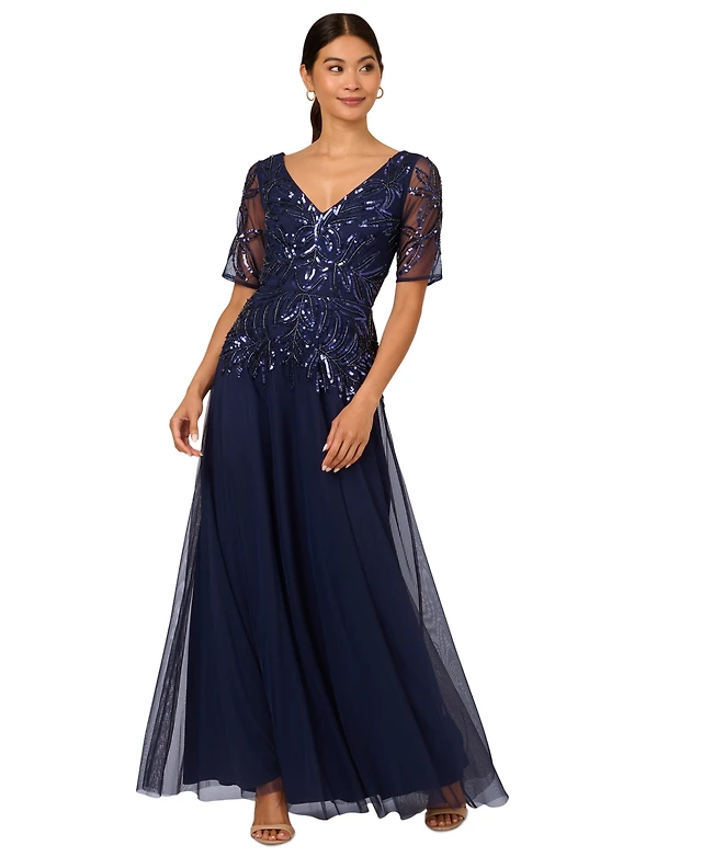 adrianna papell v neck beaded mesh dress Adrianna Papell Women's Bead Mesh Ball Gown - French Blue