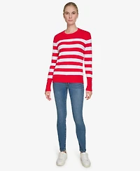 Nautica Jeans Women's Crewneck Stripe Sweater with Button Sleeve