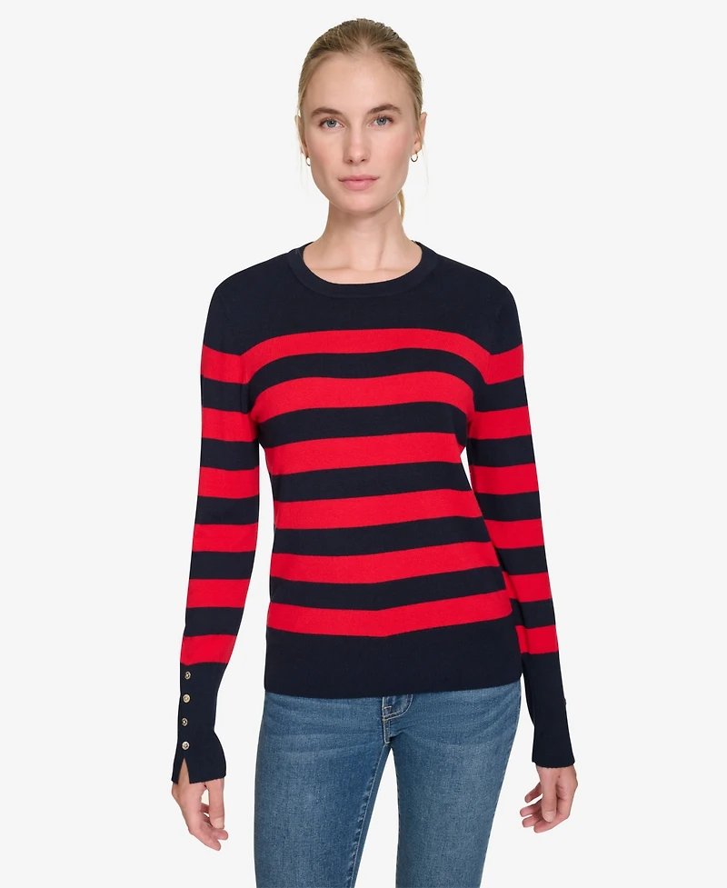 Nautica Jeans Women's Crewneck Stripe Sweater with Button Sleeve
