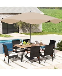 7 Pcs Patio Dining Set with Acacia Wood Dining Table Rattan Armchairs Soft Cushions