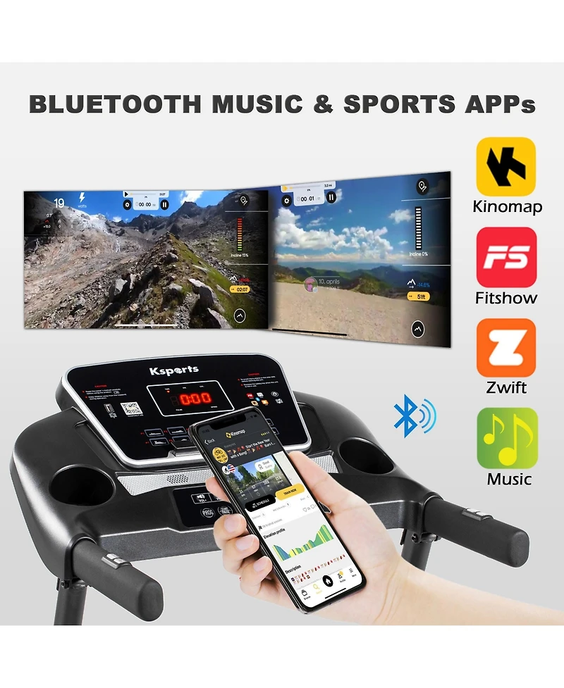 Ksports 16 Inch Wide Foldable Home Treadmill w/ Bluetooth & Fitness Tracking App