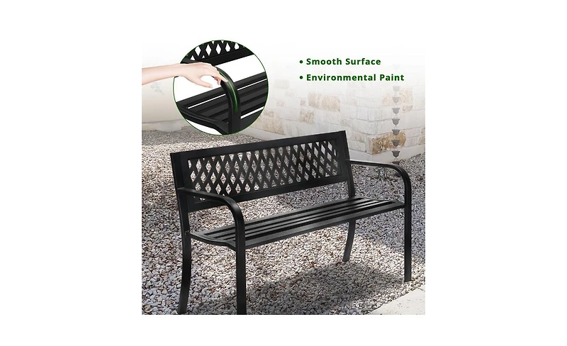 Slickblue 47-Inch Black Iron Bench with Pvc Mesh Backrest – Sturdy and Stylish Seating for Outdoor Spaces and Gardens