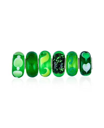 Bling Jewelry Mixed Set Of 6 Bundle Translucent Shades Of Green Swirl Floral Murano Glass Swirl Charm Bead Spacer .925 Sterling Silver Core Fits Europ