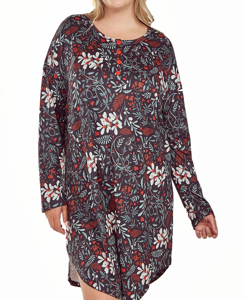 iCollection Plus Long Sleeve Ultra Soft Floral Print Sleepshirt Nightgown