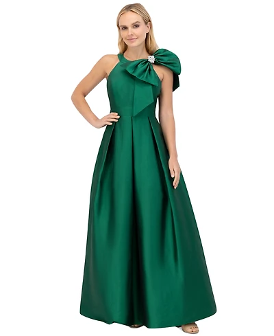 Eliza J Women's Bow-Trim Halter Pleated Taffeta Gown