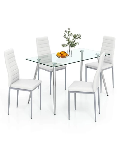 Gymax 5 Pcs 51'' Rectangle Dining Set 0.3'' Thick Glass Table w/ 4 Padded Dining Chairs