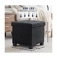 Ornavo Home Foldable Tufted 15 Inch Square Linen Storage Ottoman with Legs