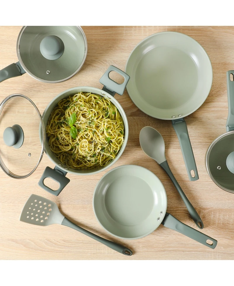 Gibson Home Barnsdall 10 Piece Premium Pfa Free Ceramic Nonstick Aluminum Cookware Set W/ Kitchen Tools - Sage Green
