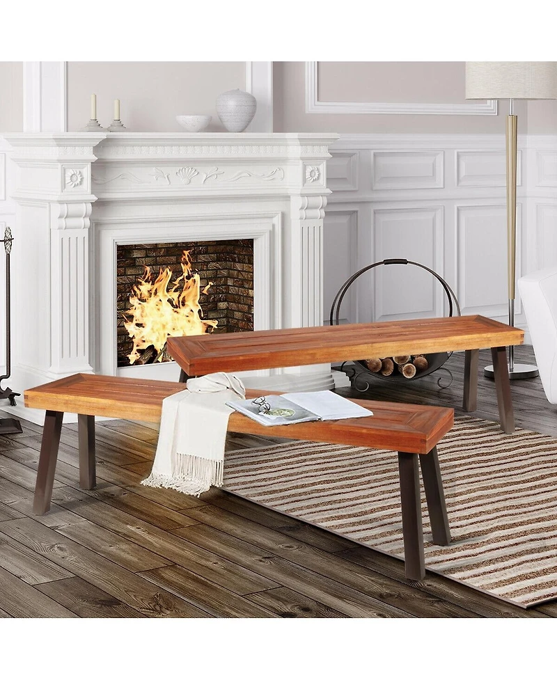 Sugift Set of 2 Patio Acacia Wood Dining Benches