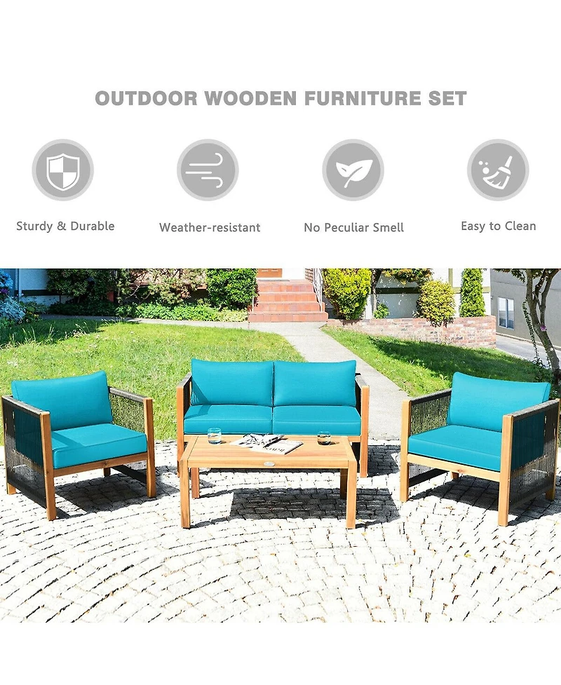 4 Pieces Acacia Wood Sofa Set with Cushions for Outdoor Patio-Blue