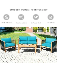 4 Pieces Acacia Wood Sofa Set with Cushions for Outdoor Patio-Blue