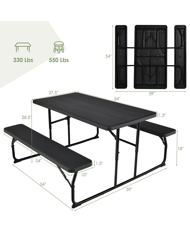 Sugift Folding Picnic Black Table Bench Set with Wood-like Texture