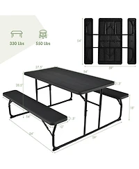 Sugift Folding Picnic Black Table Bench Set with Wood-like Texture