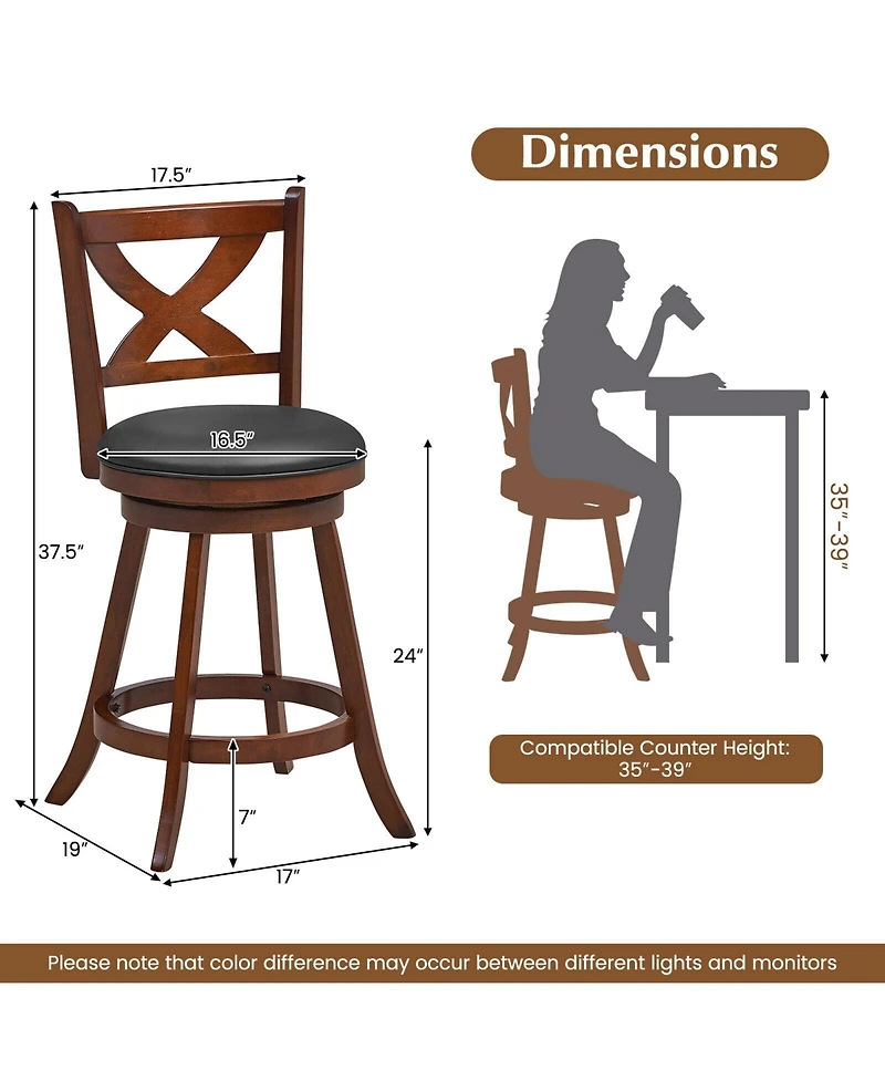 Sugift 2 Pieces Classic Counter Height Swivel Bar Stool Set with X-shaped Open Back