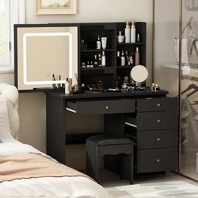 Famapy 5-Drawers Black Wood Led Push-Pull Mirror Makeup Vanity Sets Dressing Table Sets with Stool and 3-Tier Storage Shelves