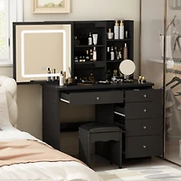Famapy 5-Drawers Black Wood Led Push-Pull Mirror Makeup Vanity Sets Dressing Table Sets with Stool and 3-Tier Storage Shelves