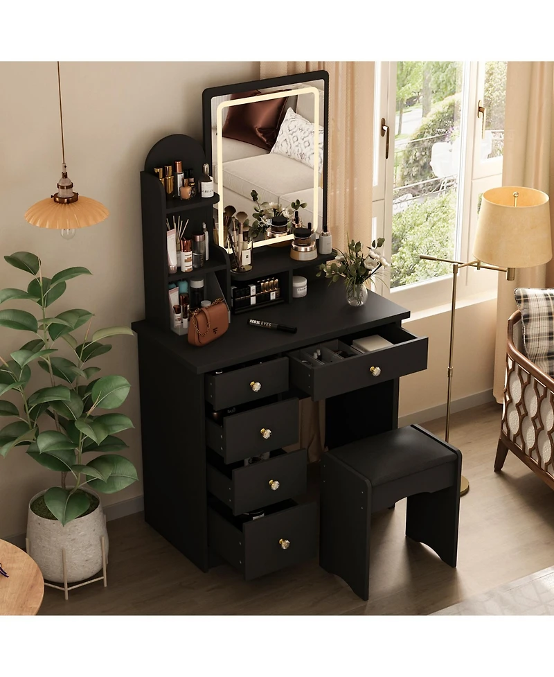 Homsee 5-Drawers Pink Makeup Vanity Sets Dressing Table with Stool, Mirror, Led Light and 3-Tier Storage Shelves