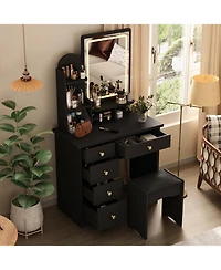 Homsee 5-Drawers Pink Makeup Vanity Sets Dressing Table with Stool, Mirror, Led Light and 3-Tier Storage Shelves