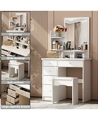 Famapy 5-Drawers White Makeup Vanity Table Wooden Dressing Desk With Mirror and 3-Tier Storage Shelves